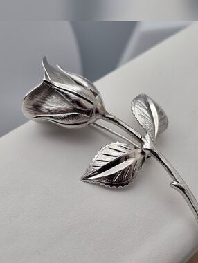 Vintage Silver Tone Rose Brooch Detailed Floral Pin 2.75" Classic Statement